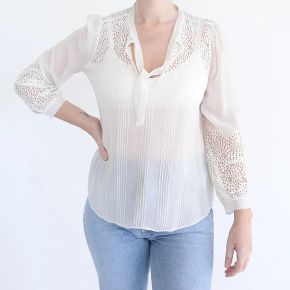 Rebecca Taylor Cream Front Tie Chiffon Eyelet Long Sleeve Blouse 4 - Picture 1 of 12